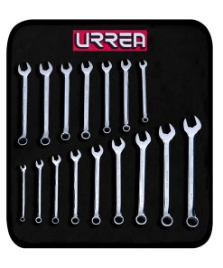 Juego de llaves combinadas pulido espejo en pulgadas y métricas, 12 puntas, 16 piezas Urrea 1200FC