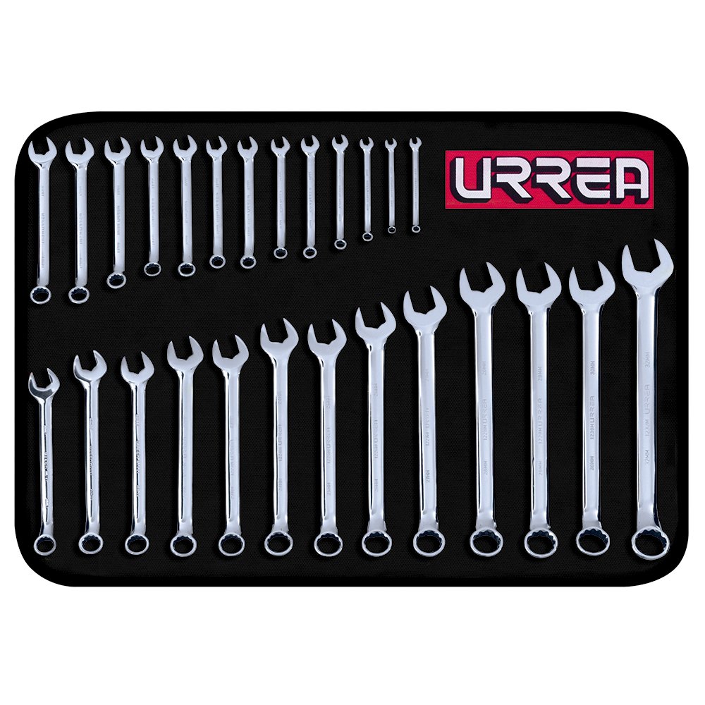 Juego de llaves combinadas pulido espejo métricas, 12 puntas, 26 piezas Urrea 1200QM