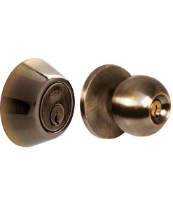 Combo de pomo tubulares de bola función doble, latón antiguo, llave estándar, blíster Lock 12CB