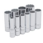 Juego de dados largos cuadro de 3/8", 12 puntas en pulgadas en riel, 10 piezas Urrea 52107