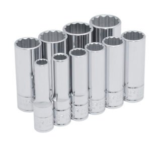Juego de dados largos cuadro de 3/8", 12 puntas en pulgadas en riel, 10 piezas Urrea 52107