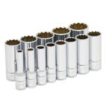 Juego de dados largos cuadro de 3/8", 12 puntas en pulgadas en riel, 13 piezas Urrea 52112