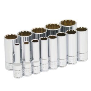 Juego de dados largos cuadro de 3/8", 12 puntas en pulgadas en riel, 13 piezas Urrea 52112