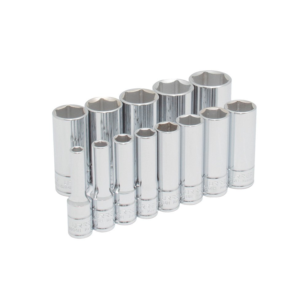 Juego de dados largos cuadro de 3/8", en pulgadas 6 puntas en riel, 13 piezas Urrea 52114