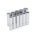 Juego de dados largos cuadro de 3/8", 12 puntas, métricos en riel, 11 piezas Urrea 52209