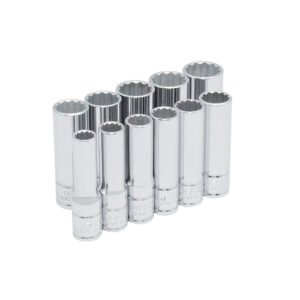 Juego de dados largos cuadro de 3/8", 12 puntas, métricos en riel, 11 piezas Urrea 52209
