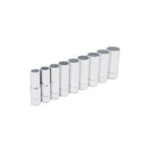 Juego de dados largos cuadro de 1/2", 12 puntas, en pulgadas, en riel, 9 piezas Urrea 54117