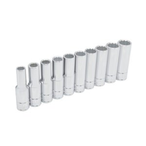Juego de dados largos cuadro de 1/2", 12 puntas, métricos, en riel, 10 piezas Urrea 54215