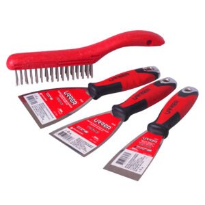 Juego de espátulas flexibles de acero inoxidable con mango bimaterial y cepillo, 4 piezas Urrea 6501X