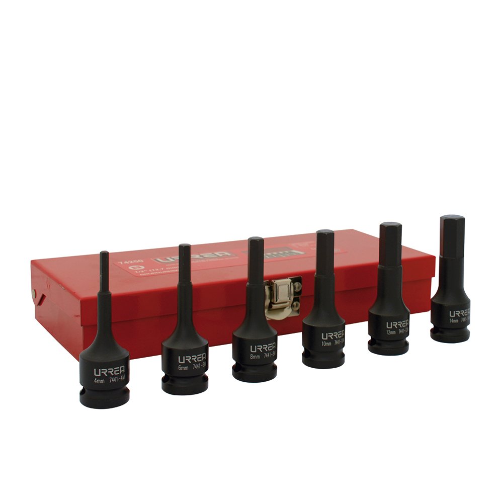 Juego de dados de impacto con punta hexagonal cuadro de 1/2", métricos, 6 piezas Urrea 74250