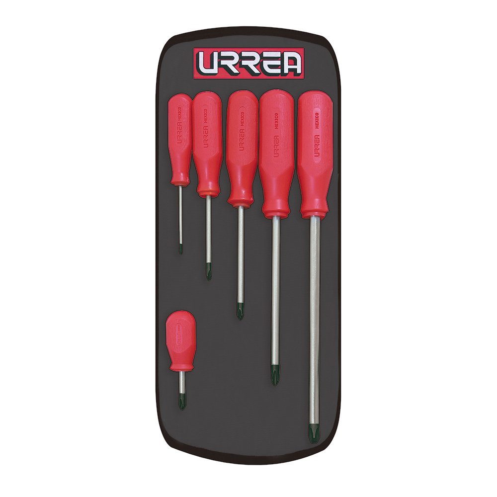 Juego de destornilladores con mango rojo, punta Phillips, 6 piezas Urrea 9600AR