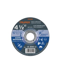 Disco Truper Industrial Tipo 27 de 4-1/2" x 6.5 mm - Tecnología de Desbaste Especializado para Acero Inoxidable que Evita la Contaminación del Material (Clave 10668)