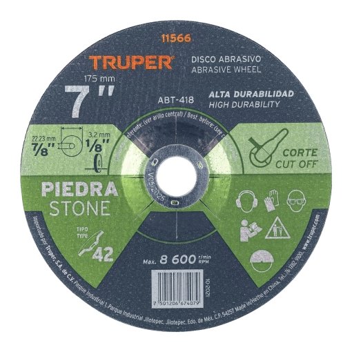 Disco Truper Industrial Tipo 42 de 7" x 3.2 mm - Tecnología de Corte Abrasivo para Mampostería y Cantería que Resiste Altas Temperaturas de Fricción (Clave 11566)