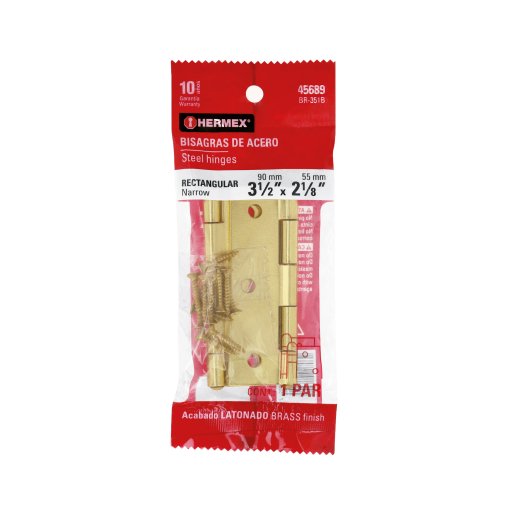 Bolsa con 2 Bisagras Rectangulares de 3-1/2' Acero Latonado, Alta Durabilidad para Instalaciones de Puertas, Clave 45689, HERMEX