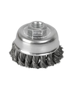 Carda copa trenzada alambre delgado acero inoxidable 3" x 0.35 mm con rosca 5/8" Surtek C606