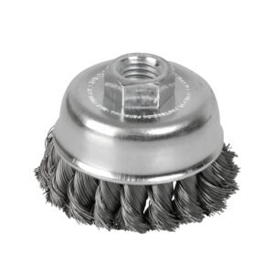 Carda copa trenzada alambre grueso acero inoxidable 4" x 0.50 mm con rosca 5/8" Surtek C614