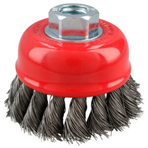 Carda copa trenzada alambre fino de acero inoxidable 3" x 0.35 mm con rosca 5/8" Urrea C920