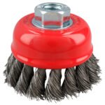Carda copa trenzada alambre fino de acero inoxidable 3" x 0.35 mm con rosca M14 Urrea C921