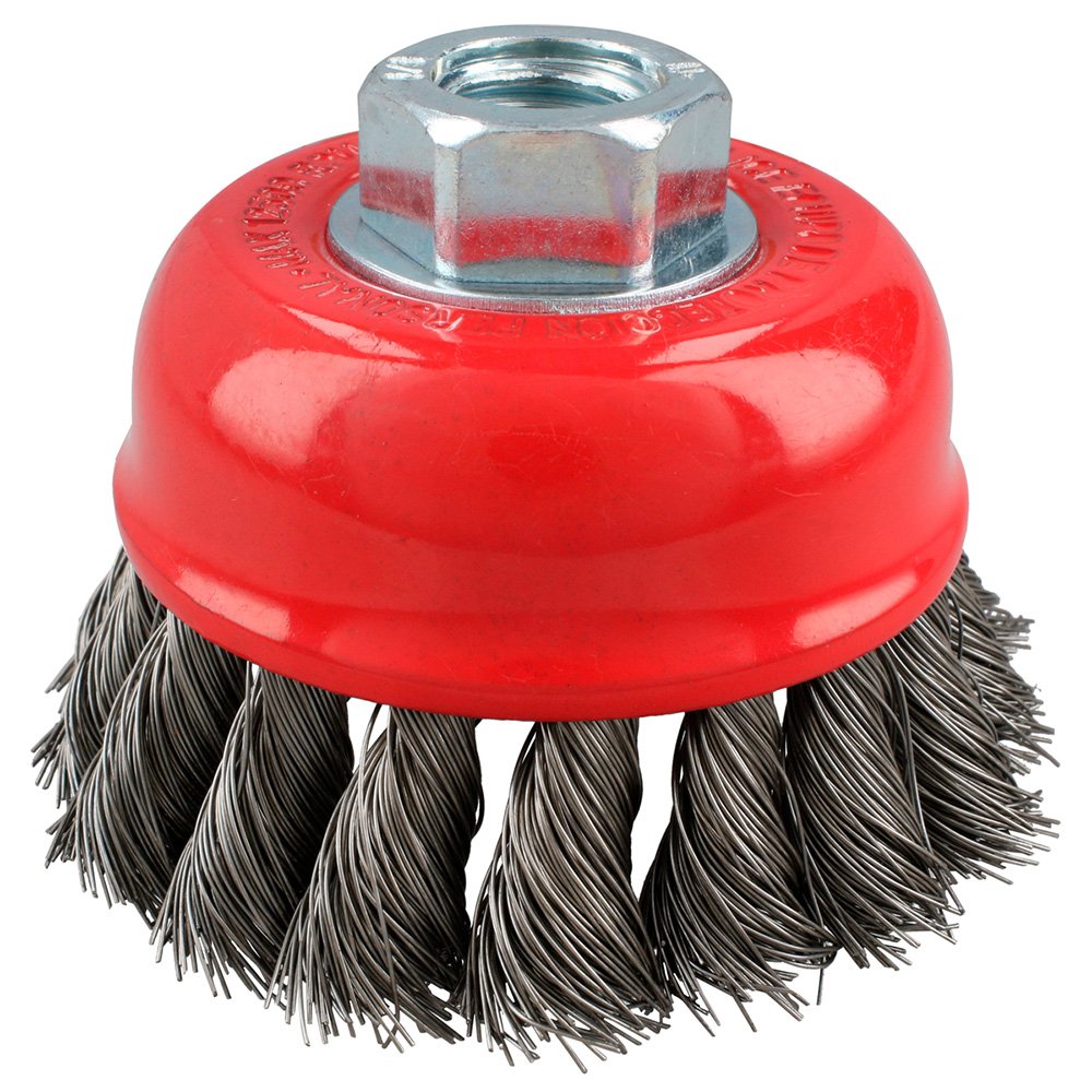 Carda copa trenzada alambre fino de acero inoxidable 3" x 0.35 mm con rosca M14 Urrea C921