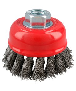 Carda copa trenzada alambre grueso de acero inoxidable 4" x 0.50 mm con rosca 5/8" Urrea C928