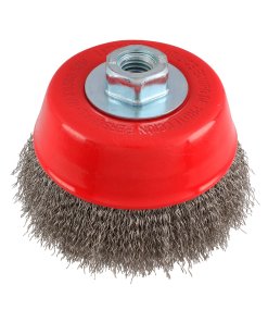 Carda copa ondulada alambre fino de acero inoxidable 5" x 0.30 mm con rosca M14 Urrea C937