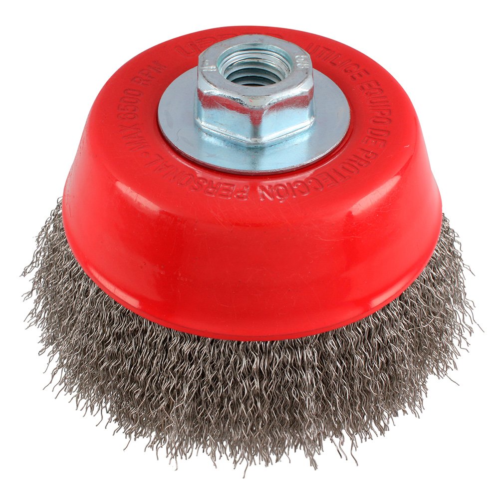 Carda copa ondulada alambre fino de acero inoxidable 5" x 0.30 mm con rosca M14 Urrea C937