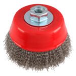 Carda copa ondulada alambre grueso de acero inoxidable 5" x 0.50 mm con rosca M14 Urrea C943