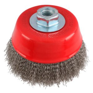 Carda copa ondulada alambre grueso de acero inoxidable 5" x 0.50 mm con rosca M14 Urrea C943