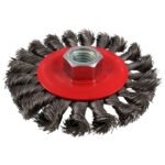 Carda circular trenzada alambre grueso de acero inoxidable 4" x 0.50 mm con rosca 5/8" Urrea C948
