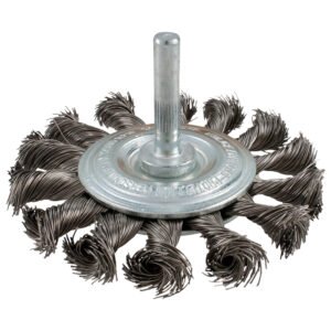 Carda circular trenzada alambre fino de acero inoxidable 3" x 0.35 mm con zanco 1/4" Urrea C960