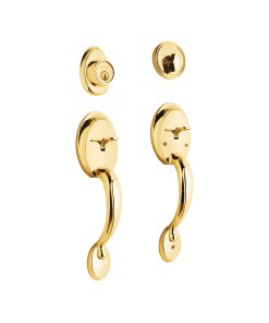 Doble jaladera y perilla, Berna mariposa, acabado latón brillante, diseño duradero para puertas de entrada, BASIC, Hermex clave 23676