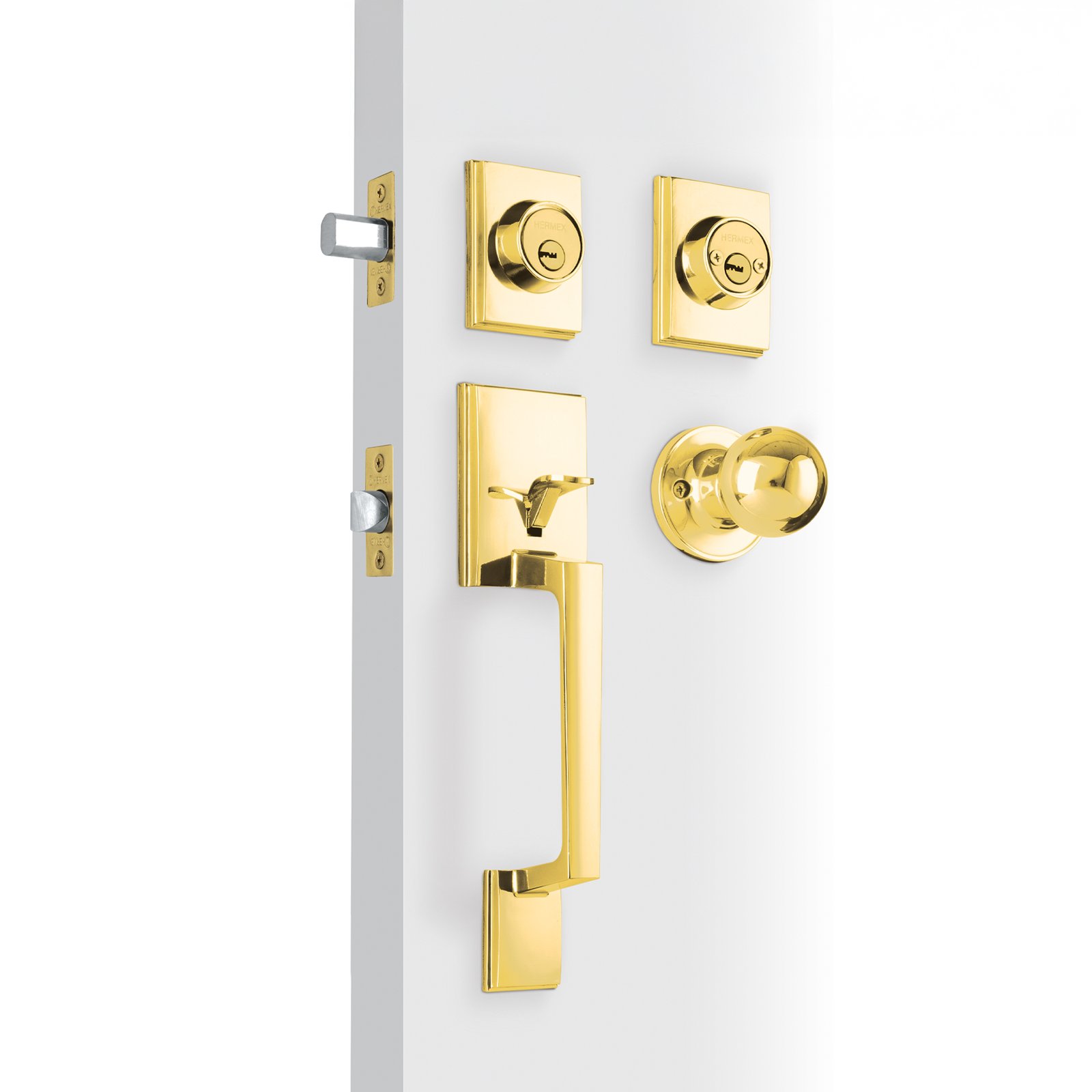 Jaladera y perilla Porto, llave-llave, latón brillante, durabilidad y estilo para puertas, Hermex clave 45236