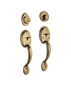 Doble jaladera y perilla, Berna mariposa, acabado latón antiguo, estilo clásico y resistente, BASIC, Hermex clave 23677