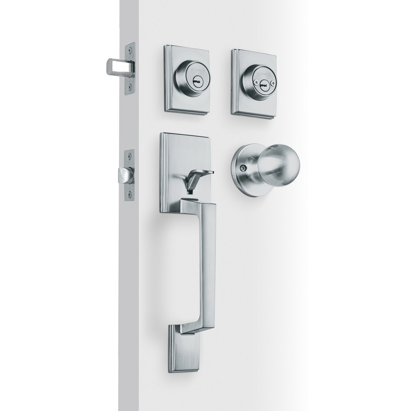 Jaladera y perilla Porto, llave-llave, acabado cromo mate, diseño funcional y moderno para puertas, Hermex clave 45279