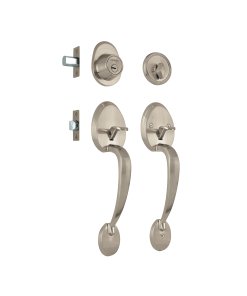 Doble jaladera y perilla, Lugo mariposa, acabado niquelado, alta durabilidad para puertas, Hermex clave 44043