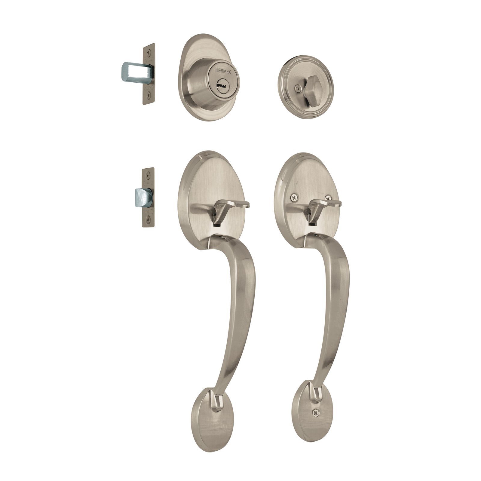 Doble jaladera y perilla, Lugo mariposa, acabado niquelado, alta durabilidad para puertas, Hermex clave 44043
