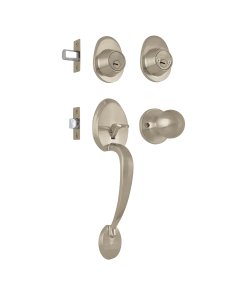 Jaladera y perilla Lugo, llave-llave, niquelado satin, acabado resistente para puertas de alto tráfico, Hermex clave 44042