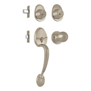 Jaladera y perilla Lugo, llave-llave, niquelado satin, acabado resistente para puertas de alto tráfico, Hermex clave 44042