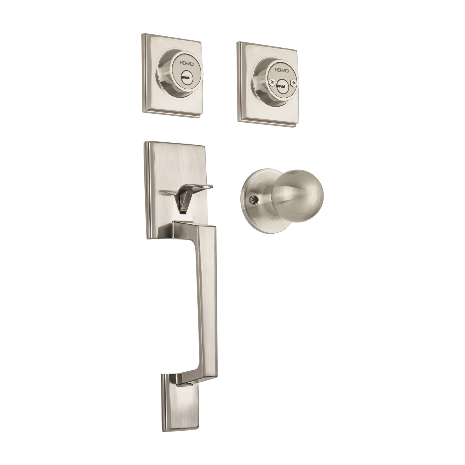 Jaladera y perilla Porto, llave-llave, níquel satin, acabado resistente para puertas de acceso, Hermex clave 44050