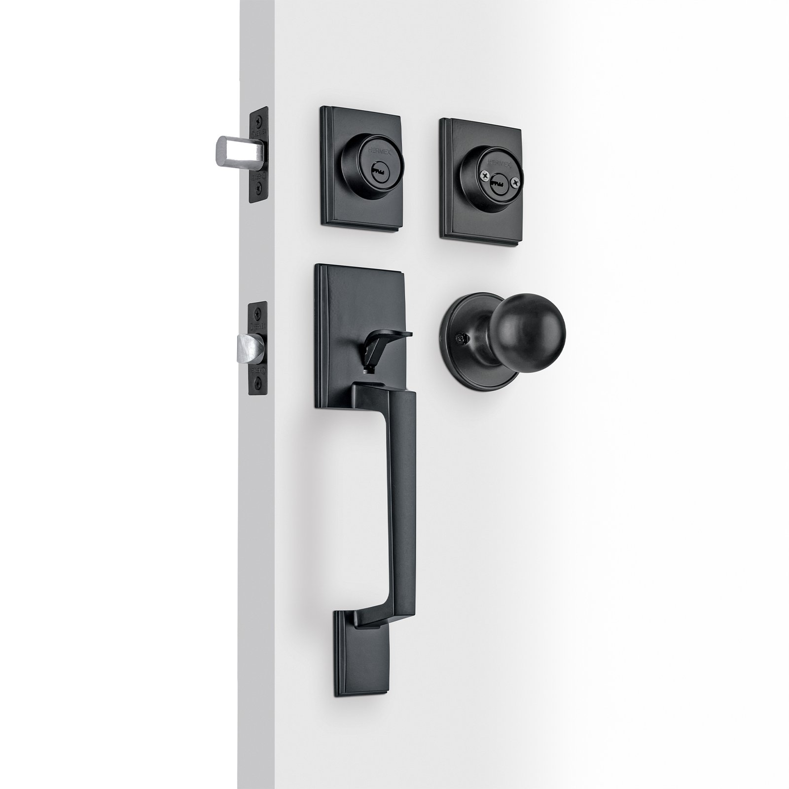 Jaladera y perilla Porto, llave-llave, color negro, diseño versátil para puertas interiores, Hermex clave 45296