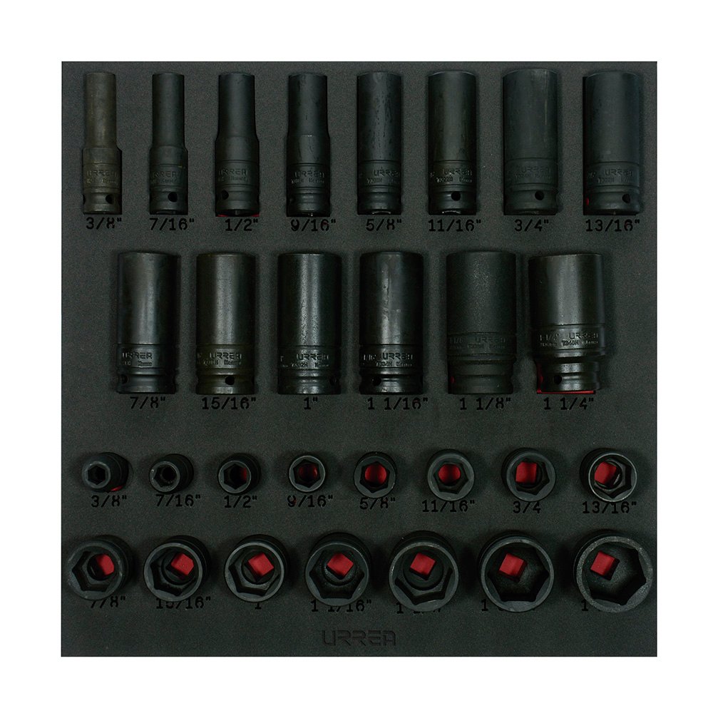 Juego de dados de impacto cortos y largos en pulgadas cuadro de 1/2", 29 piezas Urrea CH218