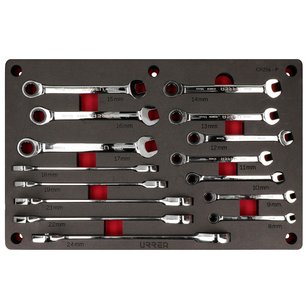 Juego de llaves combinadas pulido espejo de matraca métricas, 12 puntas, 15 piezas Urrea CH256P