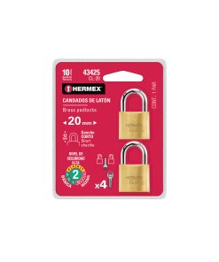 Blíster con 2 Candados de Latón de 20mm con Gancho Corto, Alta Resistencia para Instalaciones Fuertes, Marca Hermex, Clave 43425
