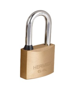 Candado de latón de 45 mm con gancho largo en blíster, protección adicional para puertas y cercos, HERMEX, clave 43438.