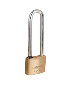 Candado de latón de 50 mm con gancho extra largo en blíster, diseñado para aplicaciones de mayor seguridad, HERMEX, clave 43442.