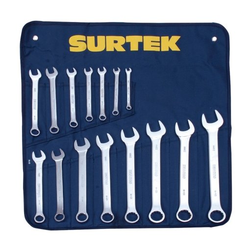Juego de llaves combinadas satinadas métricas, 12 puntas, 15 piezas Surtek COM16M