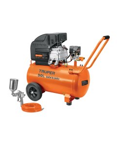 Kit Compresor Truper Lubricado 50L 127V - Tecnología de Alta Capacidad con Manguera y Pistola de Gravedad para Trabajos Industriales que Reduce Tiempos de Recarga (Clave 16095)