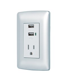 Contacto aterrizado Volteck + 2 puertos USB plata línea Italiana - Tecnología de alimentación versátil para decoraciones modernas que complementa espacios metalizados con funcionalidad dual (Clave 49808)