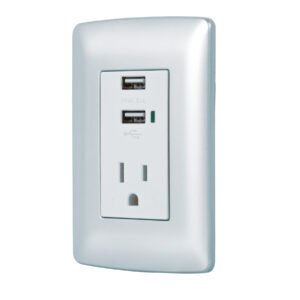 Contacto aterrizado Volteck + 2 puertos USB plata línea Italiana - Tecnología de alimentación versátil para decoraciones modernas que complementa espacios metalizados con funcionalidad dual (Clave 49808)