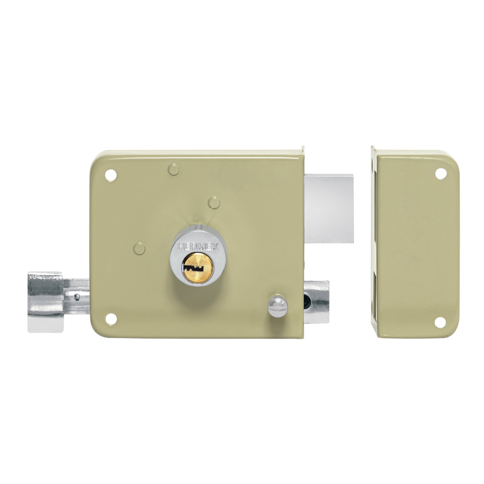 Cerradura sobreponer derecha instala-fácil, llave puntos, caja, ideal para puertas con alta rotación, HERMEX, clave 46600.